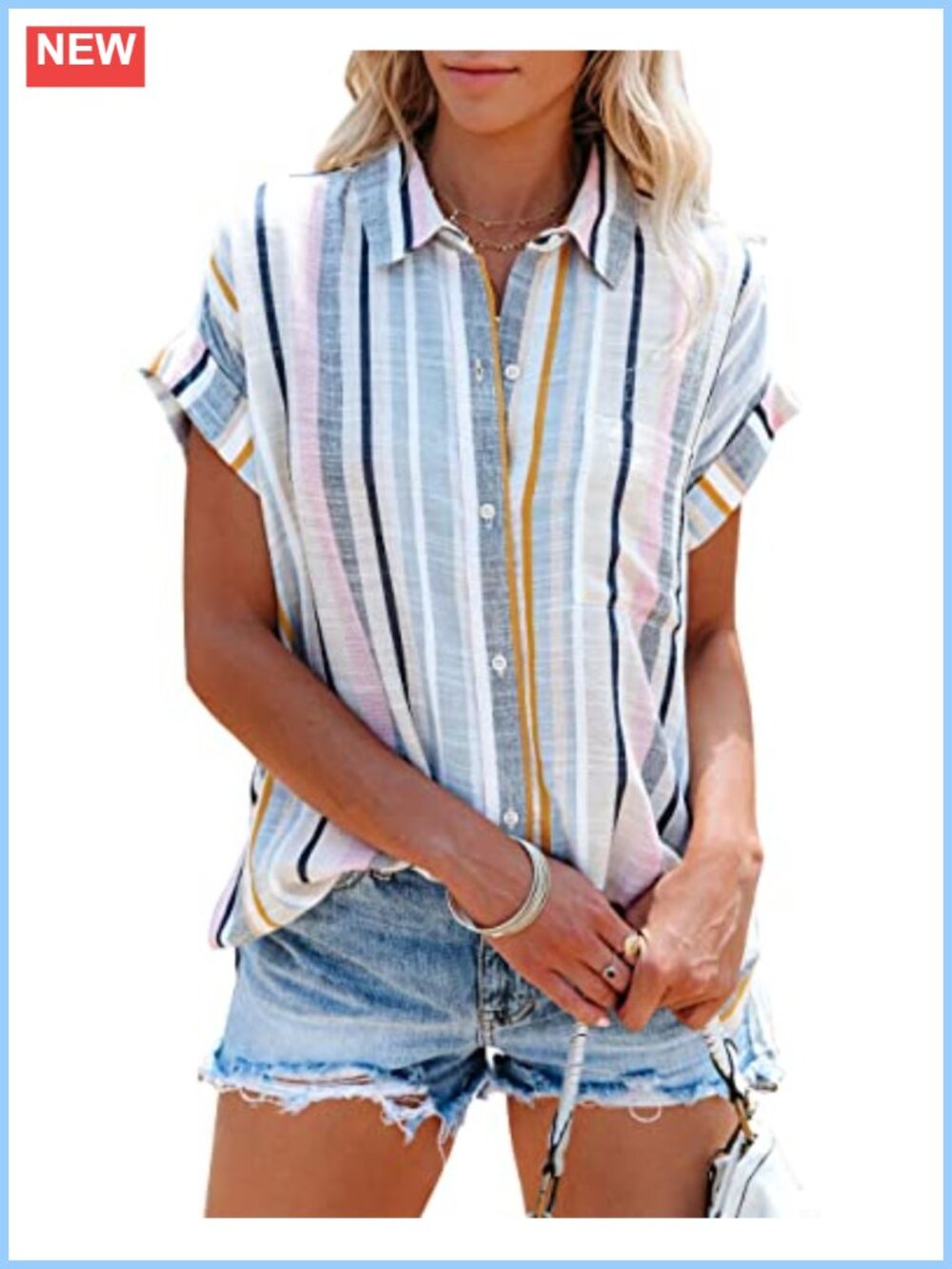Womens Striped Button Down Short Sleeve Blouse Loose Fit V Neck Work Top